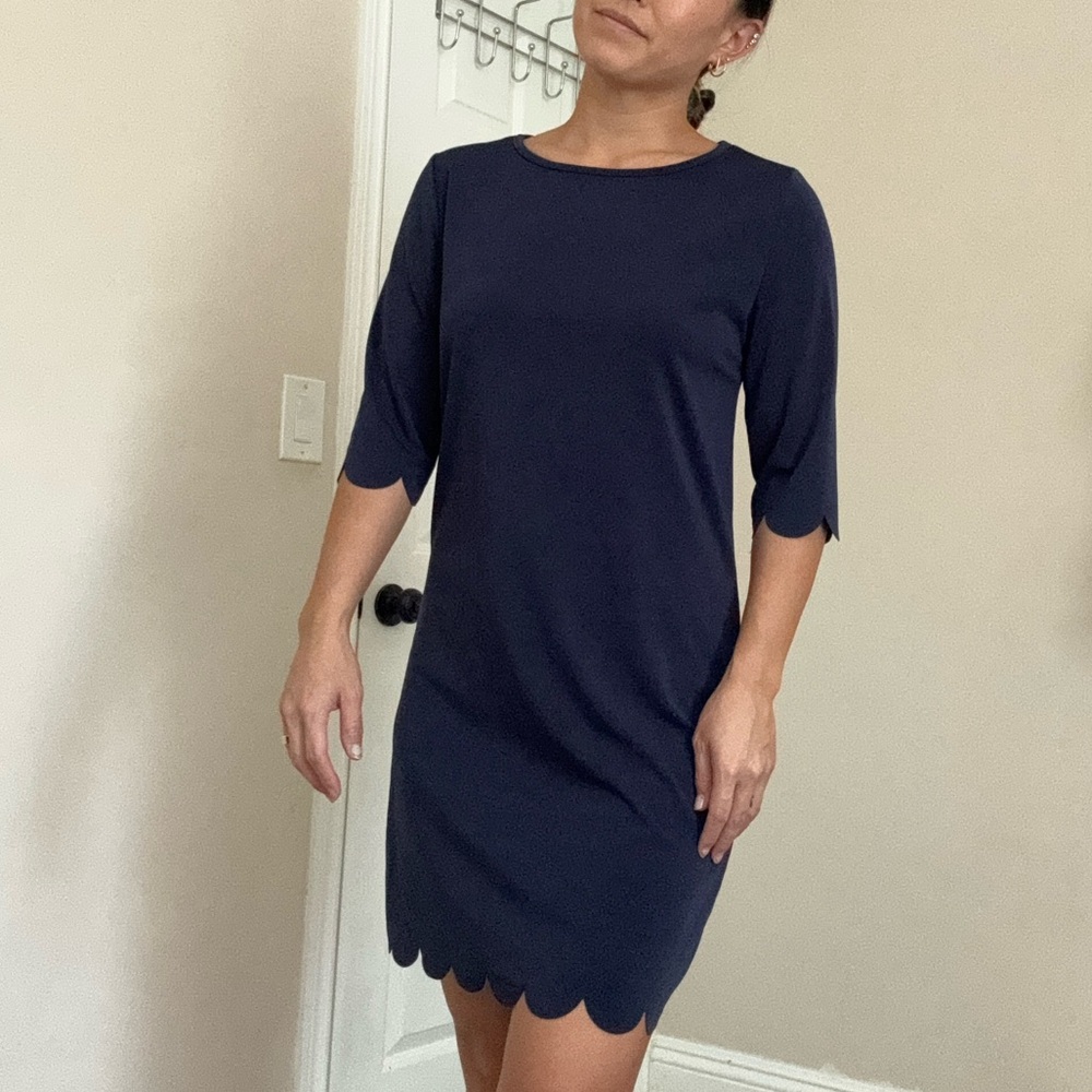 Navy Blue 3/4 Sleeve Scallop Dress